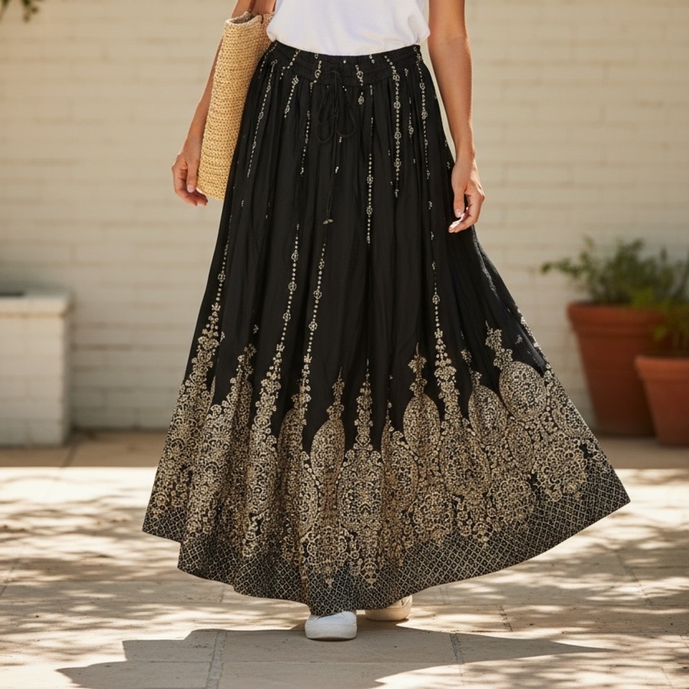 Raj Boho Black Gold Cotton Skirt Elastic Waist Tassel Tie Full Large NEW
